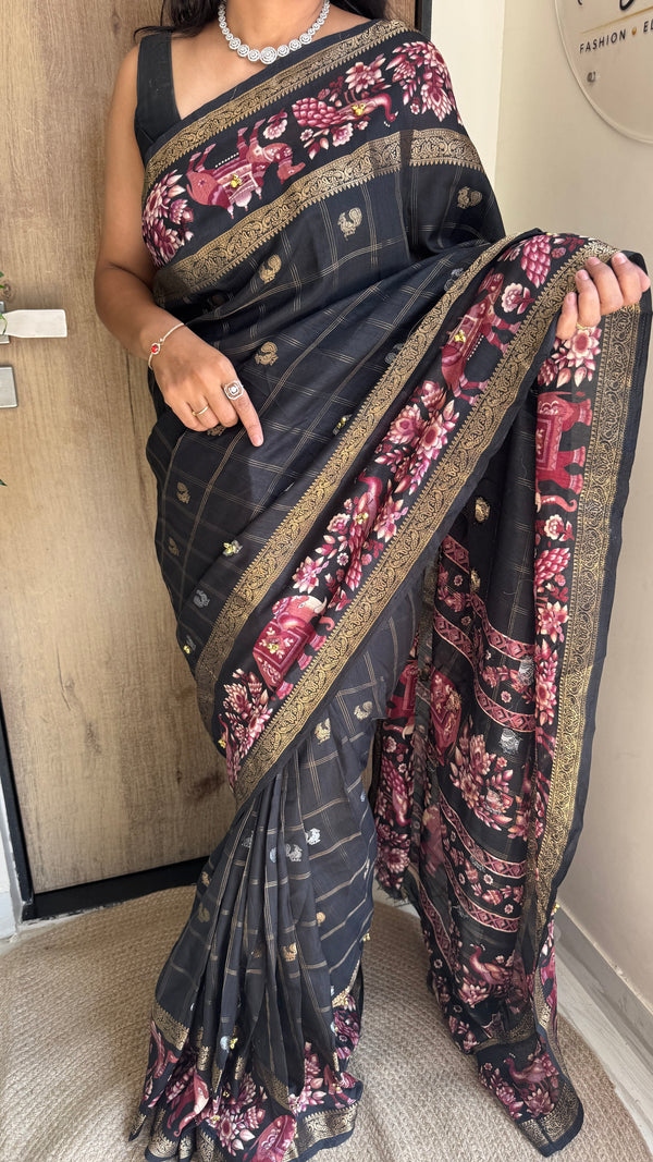 Festive Wear Cotton Silk Print Design Jacquard Border Ghungroo Work Fancy Saree With Blouse Piece — HOP202