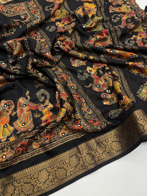 Pure Silk Saree with Ajrak Print, Rich Pallu & Mirror Work — HOP176