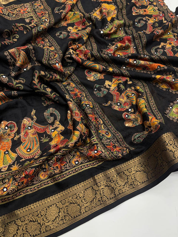 Pure Silk Saree with Ajrak Print, Rich Pallu & Mirror Work — HOP176