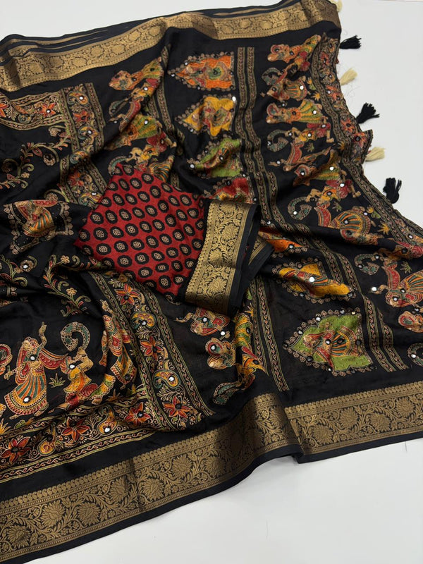 Pure Silk Saree with Ajrak Print, Rich Pallu & Mirror Work — HOP176