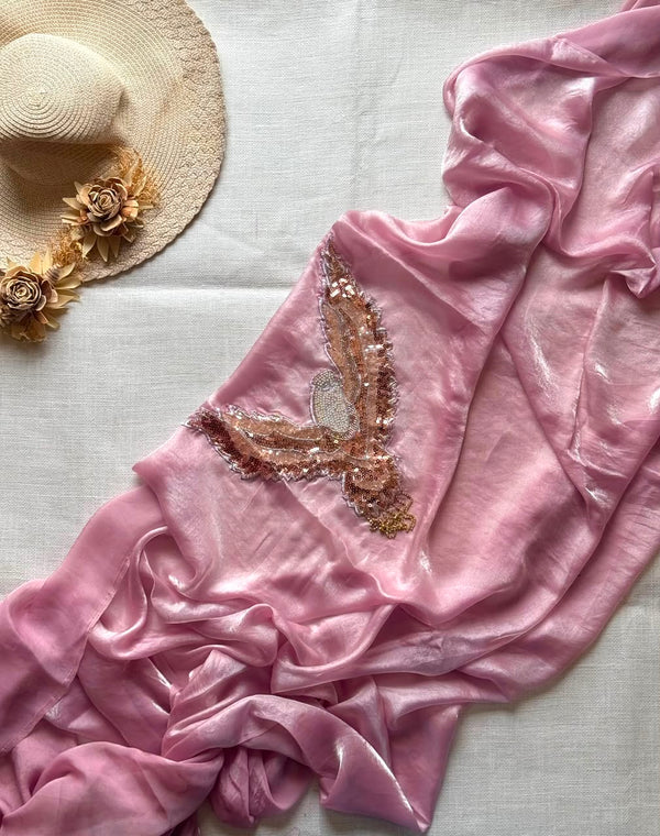HOP153 — Soft Space Silk Designer Saree with Bird Patch & Tassel Work