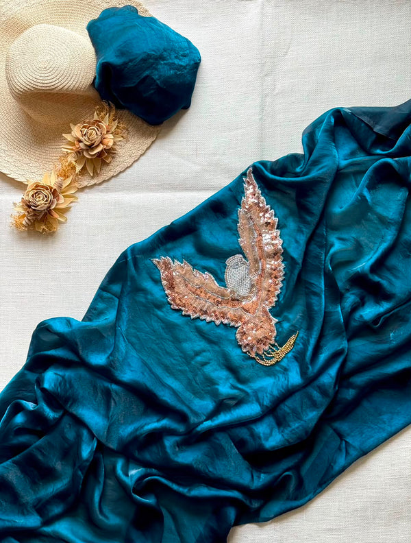 HOP153 — Soft Space Silk Designer Saree with Bird Patch & Tassel Work