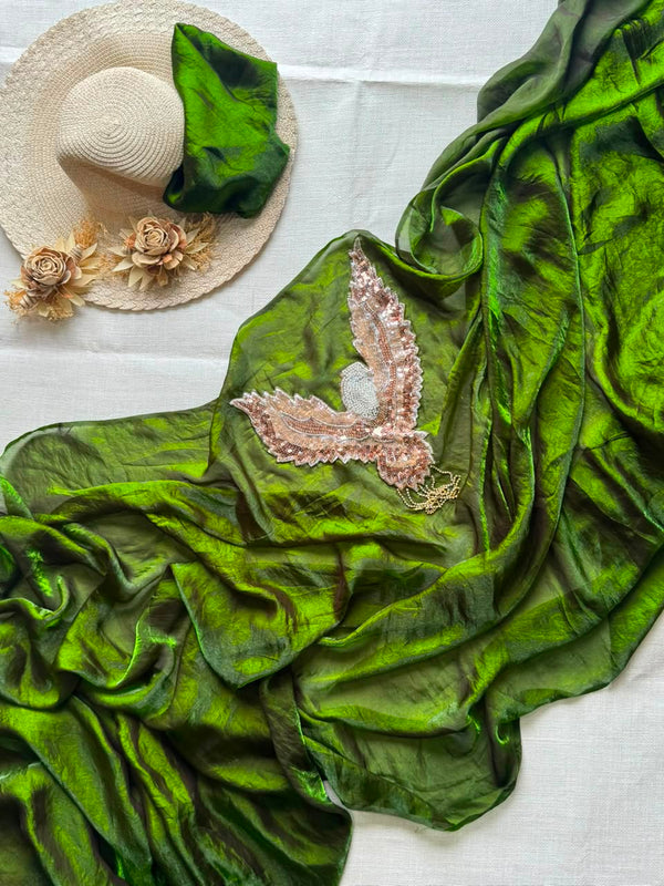 HOP153 — Soft Space Silk Designer Saree with Bird Patch & Tassel Work
