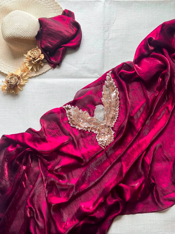 HOP153 — Soft Space Silk Designer Saree with Bird Patch & Tassel Work