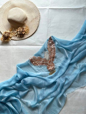 HOP153 — Soft Space Silk Designer Saree with Bird Patch & Tassel Work