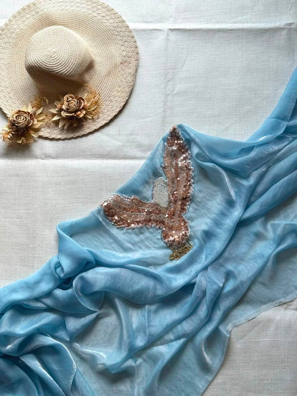 HOP153 — Soft Space Silk Designer Saree with Bird Patch & Tassel Work