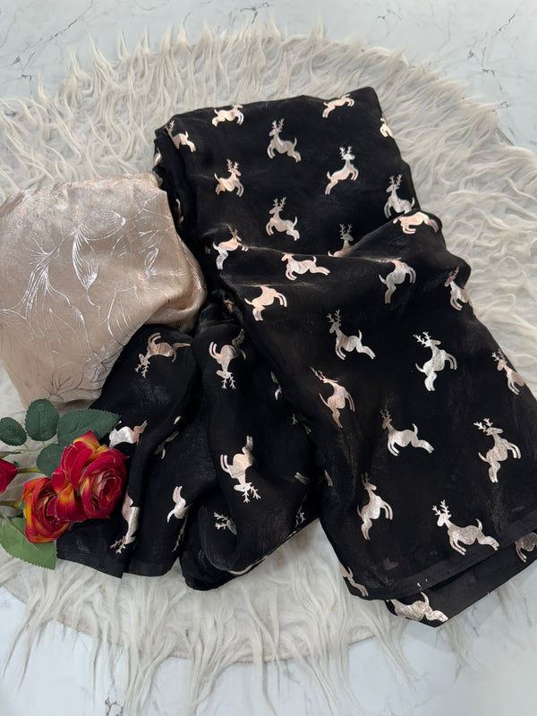 Premium Space Silk Golden Deer Applique Saree — HOP166