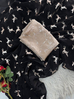 Premium Space Silk Golden Deer Applique Saree — HOP166