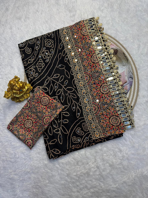 HOP152 — Black Satin Silk Unique Ajrak Print Mirror Saree