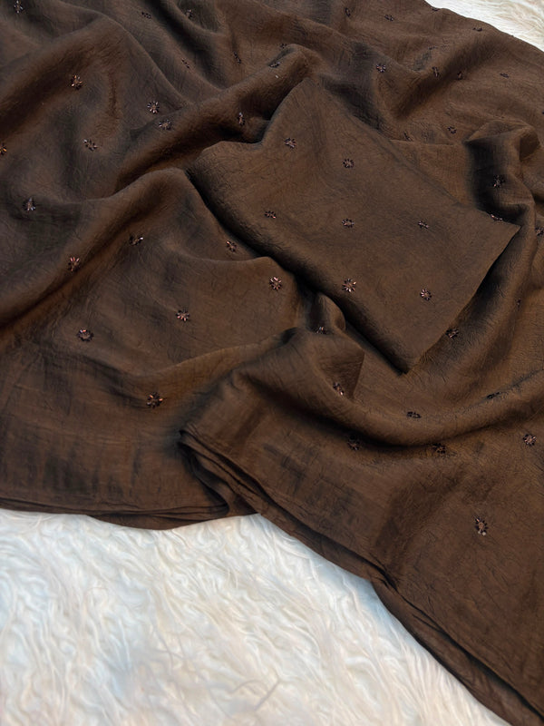 Partywear Crush Fabric Saree with Coffee Beads Butti Work — HOP163