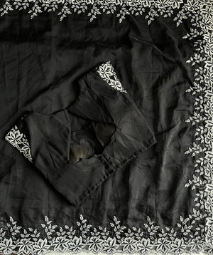 Premium Tabi Silk White Thread Work Saree — HOP164