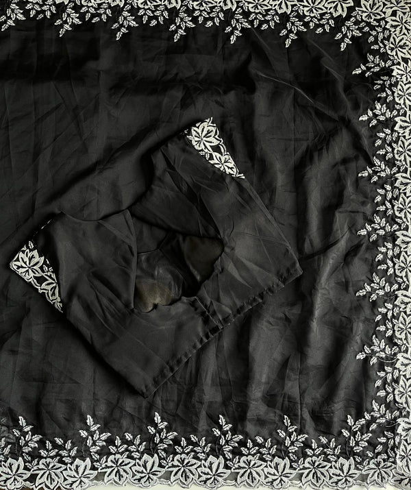 Premium Tabi Silk White Thread Work Saree — HOP164