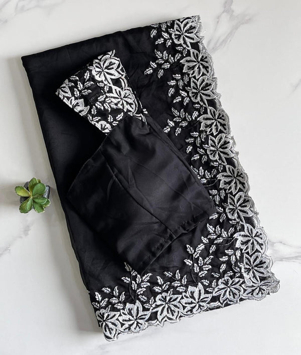 Premium Tabi Silk White Thread Work Saree — HOP164