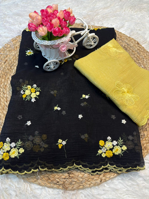 Crunchy Multi Saree with Embroidery Work & Contrast Designer Blouse — HOP168