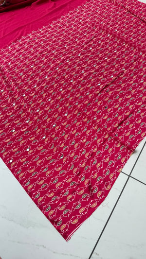 Festive Wear  Satin Silk Saree with Print Design, Mirror Work & Rich Pallu With Blouse Piece — HOP203