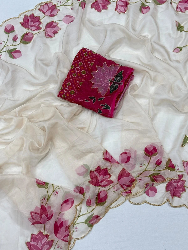 HOP156 — Pure Soft Silk Saree with Floral Print & Handwork